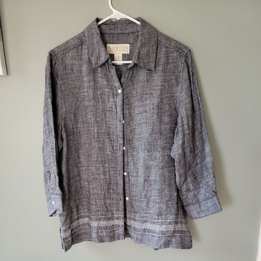 Norton McNaughton Wmn's 100% Linen Button Up Black White Blouse Size Medium